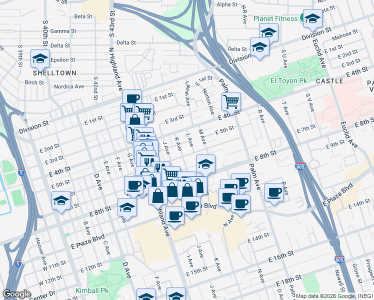 map of restaurants, bars, coffee shops, grocery stores, and more near 1121 East 6th Street in National City