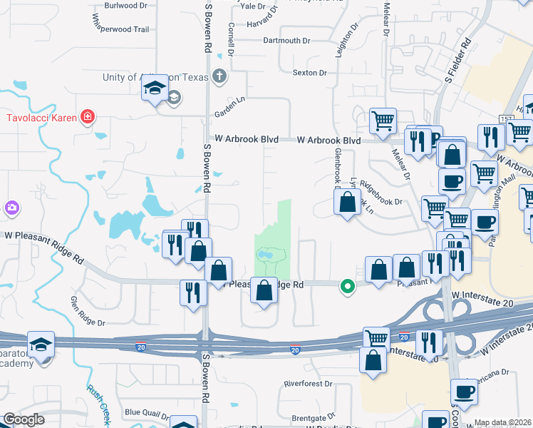 map of restaurants, bars, coffee shops, grocery stores, and more near 4003 Twin Creek Drive in Arlington