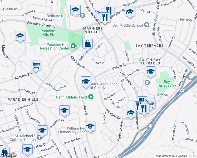 map of restaurants, bars, coffee shops, grocery stores, and more near 2366 Adirondack Row in San Diego