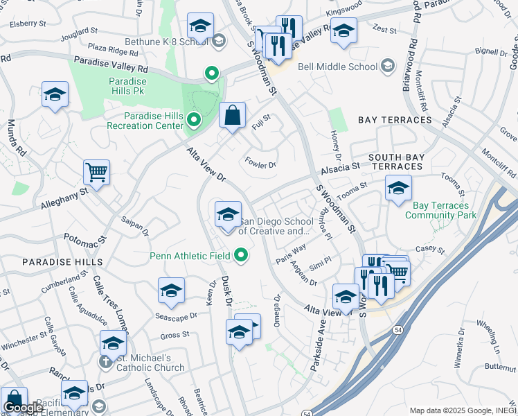 map of restaurants, bars, coffee shops, grocery stores, and more near 2366 Adirondack Row in San Diego