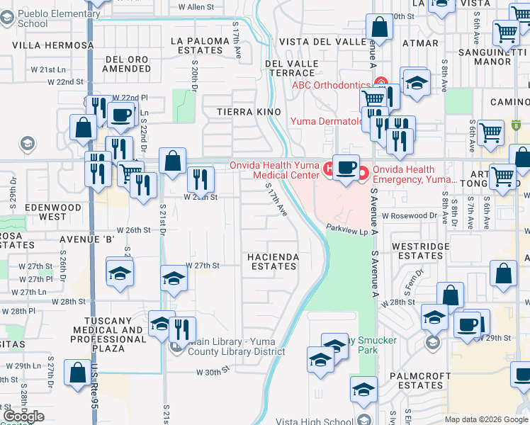 map of restaurants, bars, coffee shops, grocery stores, and more near 1760 West 25th Street in Yuma