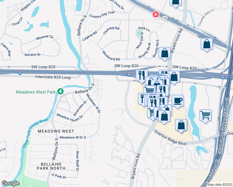 map of restaurants, bars, coffee shops, grocery stores, and more near 6301 Overton Ridge Boulevard in Fort Worth
