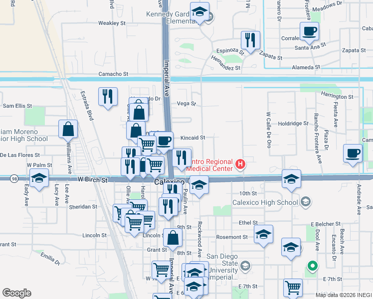 map of restaurants, bars, coffee shops, grocery stores, and more near 16 Kincaid Street in Calexico