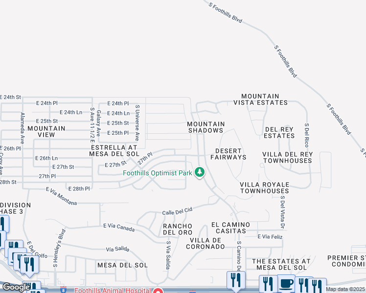 map of restaurants, bars, coffee shops, grocery stores, and more near 11864 27th Place in Yuma