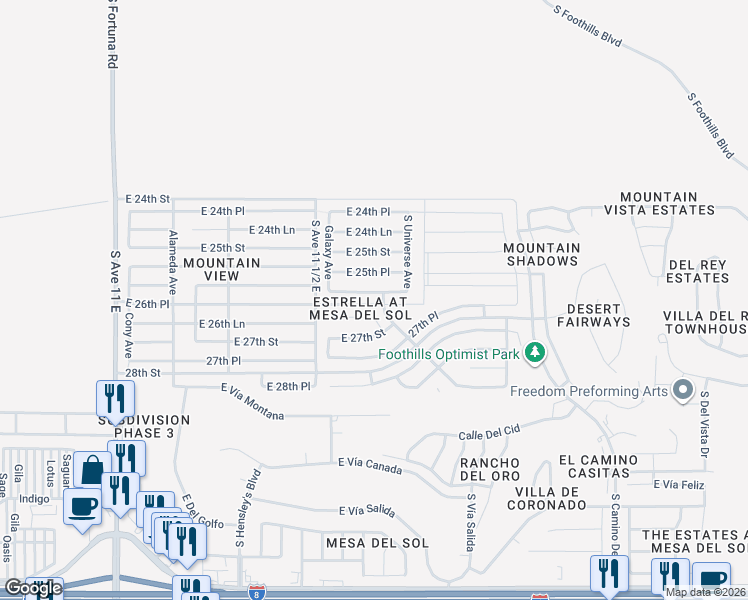 map of restaurants, bars, coffee shops, grocery stores, and more near 11591 East 25th Place in Yuma