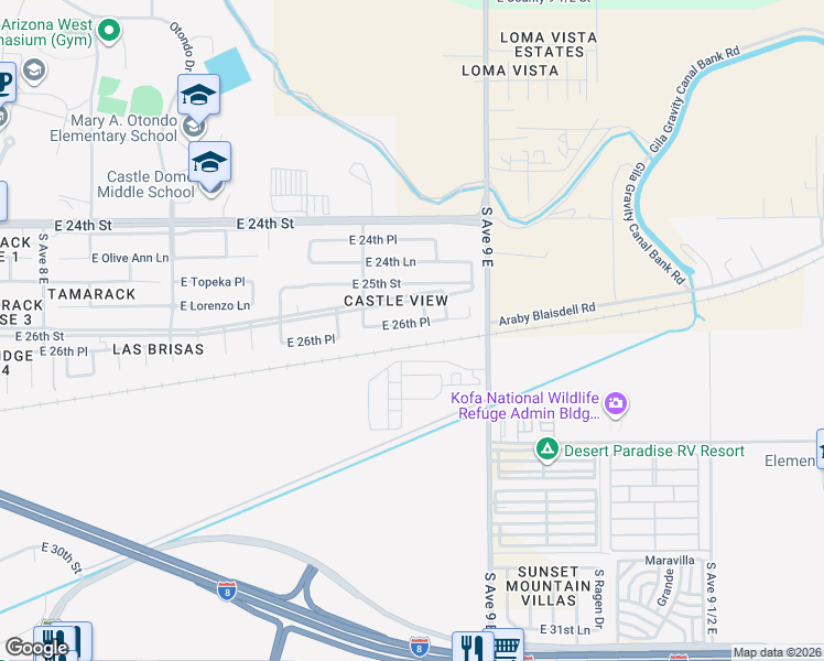 map of restaurants, bars, coffee shops, grocery stores, and more near in Yuma