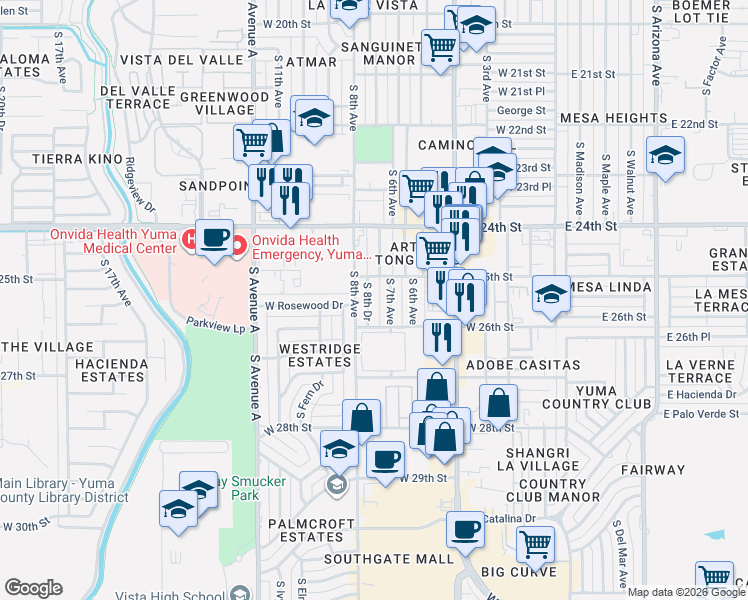 map of restaurants, bars, coffee shops, grocery stores, and more near 2500 South 8th Drive in Yuma