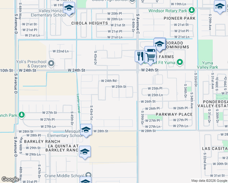 map of restaurants, bars, coffee shops, grocery stores, and more near 4184 West 25th Street in Yuma