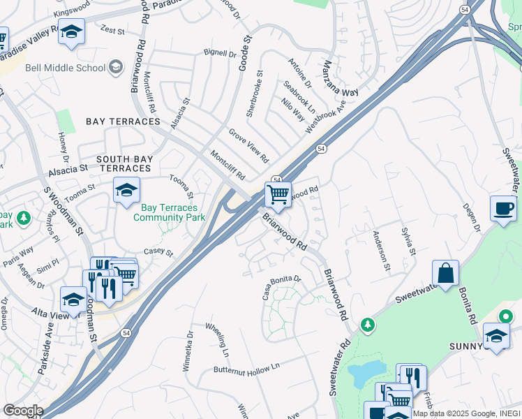 map of restaurants, bars, coffee shops, grocery stores, and more near 2440 Montcliff Road in San Diego