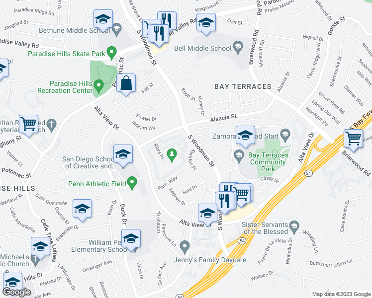 map of restaurants, bars, coffee shops, grocery stores, and more near 6821 Panamint Row in San Diego