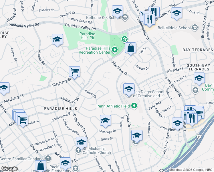 map of restaurants, bars, coffee shops, grocery stores, and more near 6421 Calle Pavana in San Diego