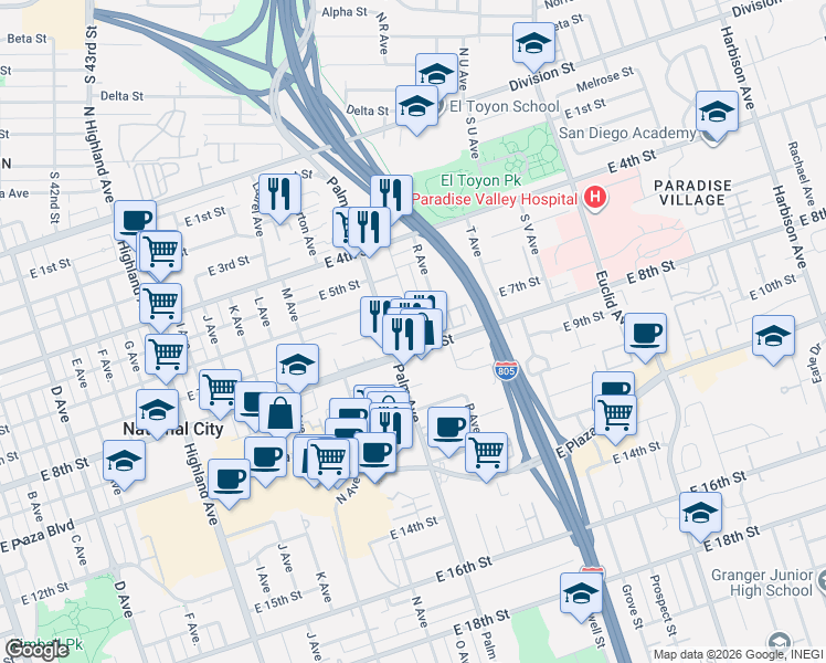 map of restaurants, bars, coffee shops, grocery stores, and more near 614 Q Avenue in National City