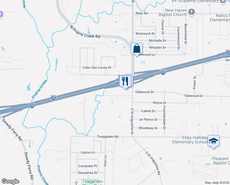 map of restaurants, bars, coffee shops, grocery stores, and more near 9435 Timberloam Drive in Dallas