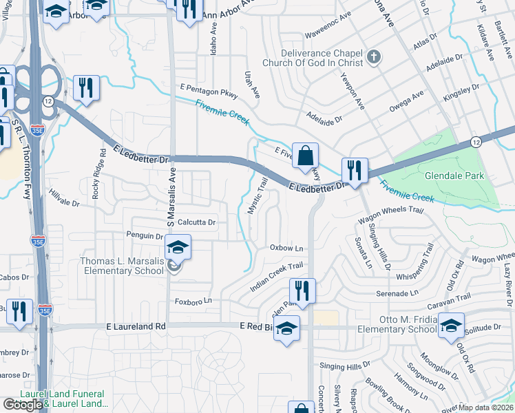map of restaurants, bars, coffee shops, grocery stores, and more near 5206 Mystic Trail in Dallas