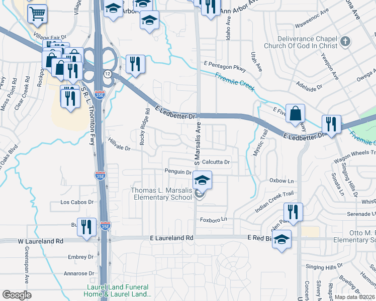 map of restaurants, bars, coffee shops, grocery stores, and more near 545 Hillvale Drive in Dallas