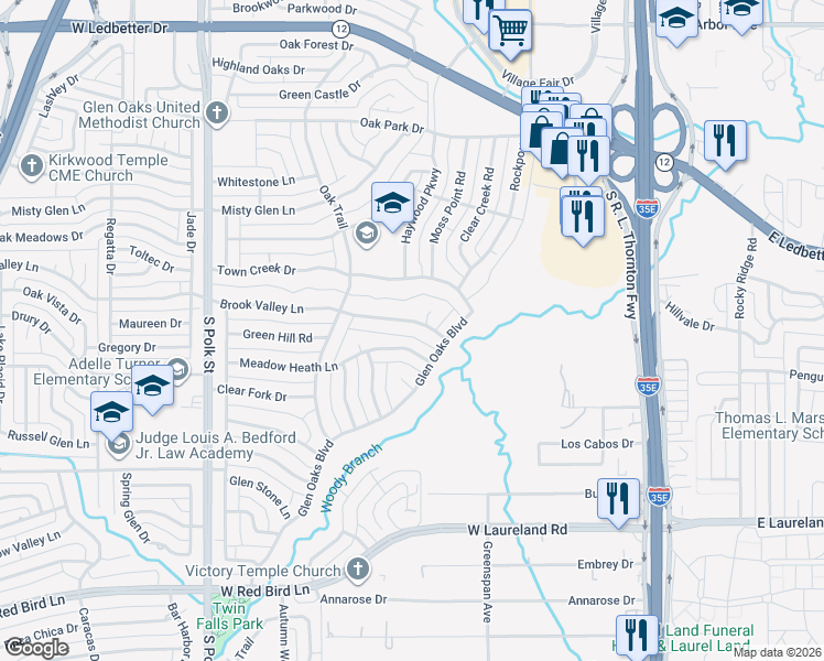 map of restaurants, bars, coffee shops, grocery stores, and more near 515 Brook Valley Lane in Dallas