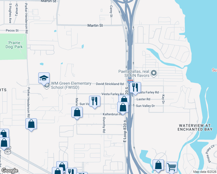 map of restaurants, bars, coffee shops, grocery stores, and more near 5208 David Strickland Road in Fort Worth