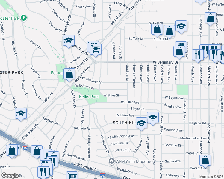 map of restaurants, bars, coffee shops, grocery stores, and more near 3417 West Gambrell Street in Fort Worth