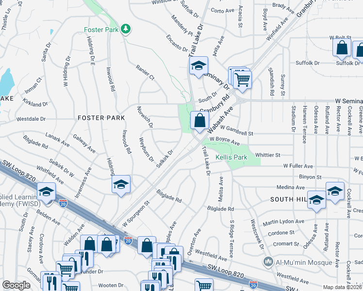 map of restaurants, bars, coffee shops, grocery stores, and more near 4501 Selkirk Drive in Fort Worth
