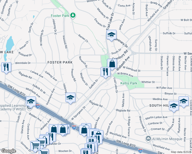 map of restaurants, bars, coffee shops, grocery stores, and more near 3813 Weyburn Drive in Fort Worth