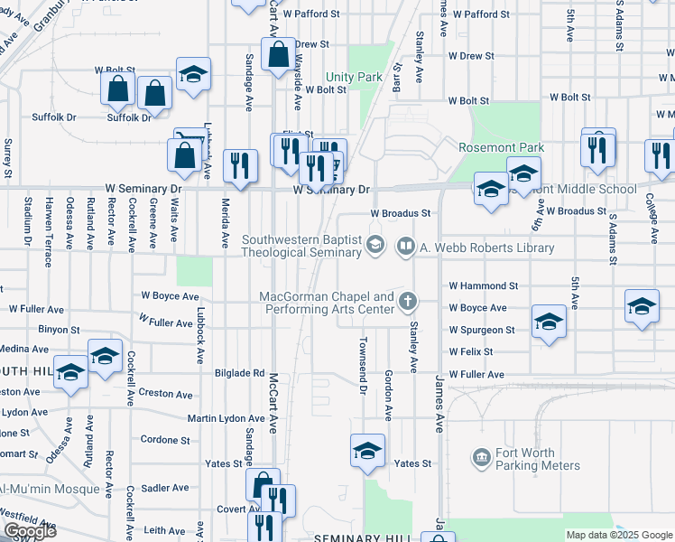 map of restaurants, bars, coffee shops, grocery stores, and more near in Fort Worth