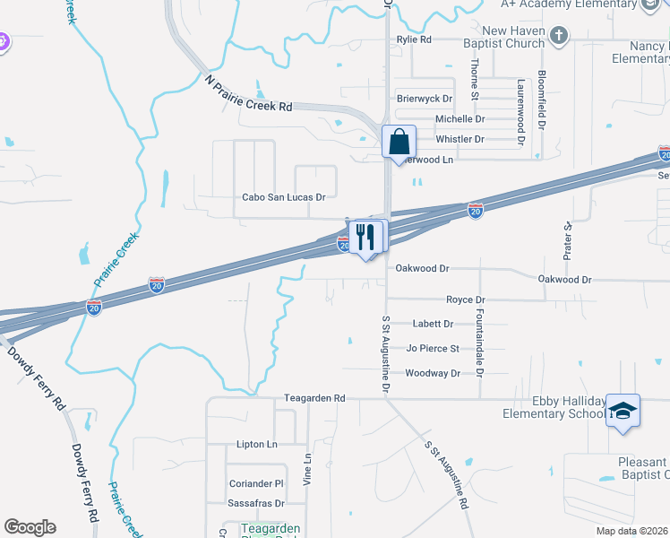 map of restaurants, bars, coffee shops, grocery stores, and more near 9435 Timberloam Drive in Dallas