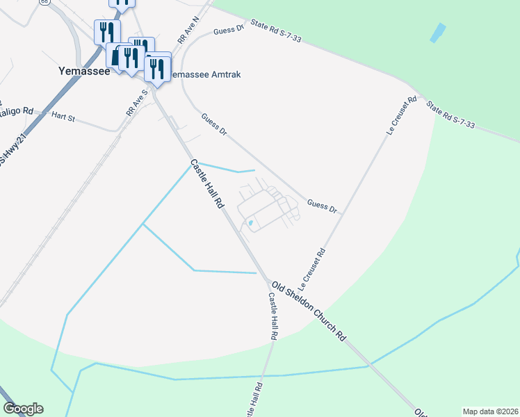 map of restaurants, bars, coffee shops, grocery stores, and more near 95 Castle Hall Road in Yemassee