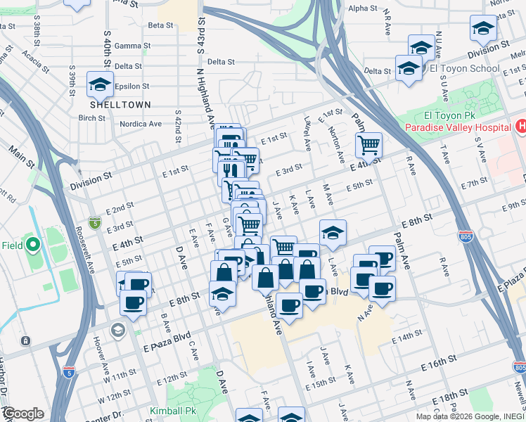 map of restaurants, bars, coffee shops, grocery stores, and more near 905 East 5th Street in National City