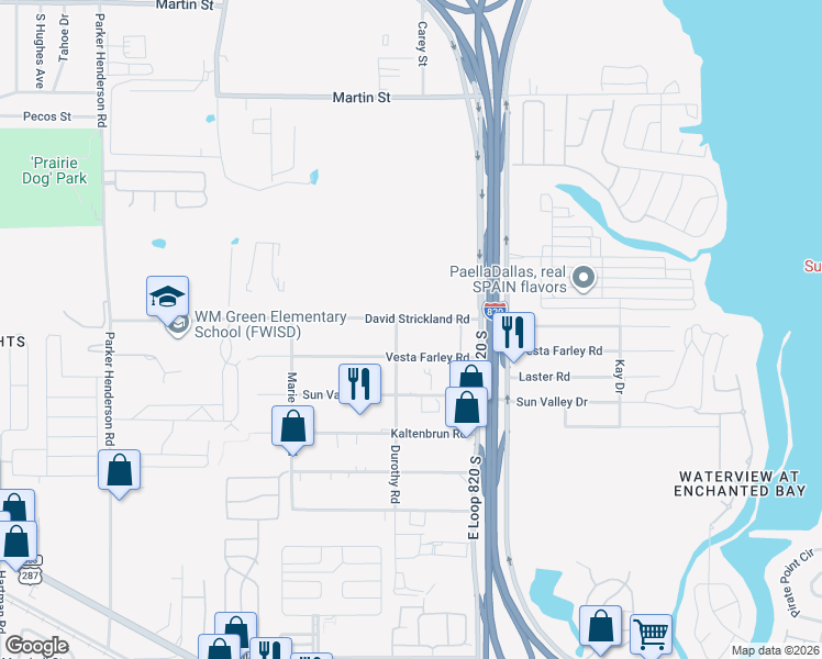 map of restaurants, bars, coffee shops, grocery stores, and more near 5208 David Strickland Road in Fort Worth