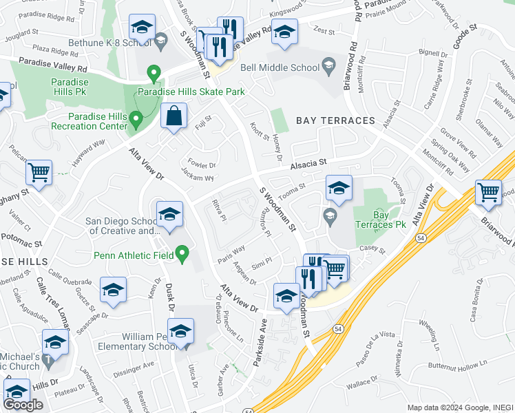 map of restaurants, bars, coffee shops, grocery stores, and more near 6889 Panamint Row in San Diego
