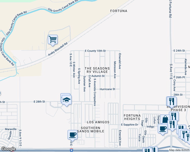 map of restaurants, bars, coffee shops, grocery stores, and more near Autumn Avenue in Yuma