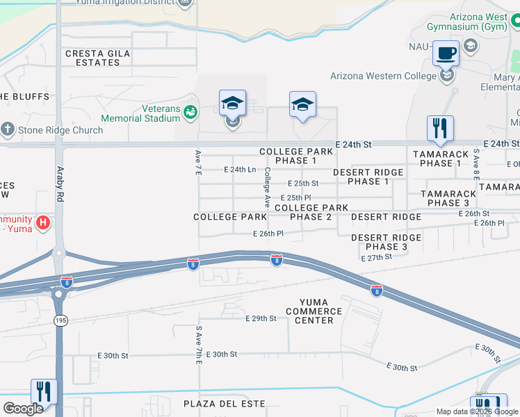 map of restaurants, bars, coffee shops, grocery stores, and more near 7280 E 26th St in Yuma