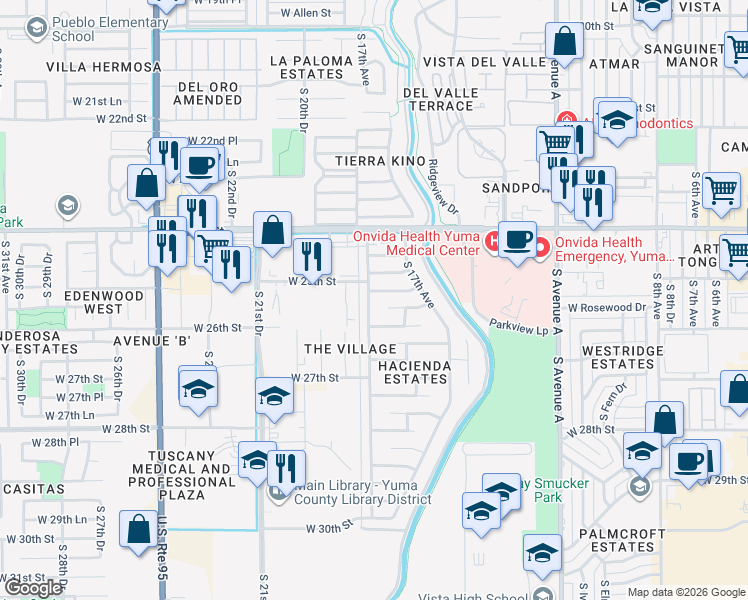 map of restaurants, bars, coffee shops, grocery stores, and more near 1760 West 25th Street in Yuma