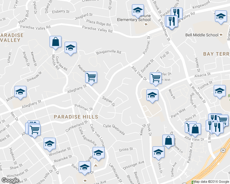 map of restaurants, bars, coffee shops, grocery stores, and more near 6365 Calle Pavana in San Diego