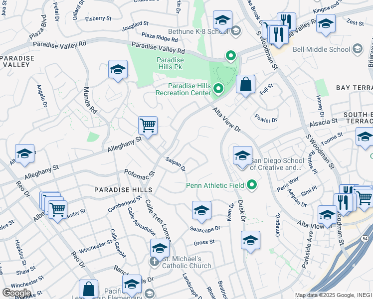 map of restaurants, bars, coffee shops, grocery stores, and more near 6365 Calle Pavana in San Diego