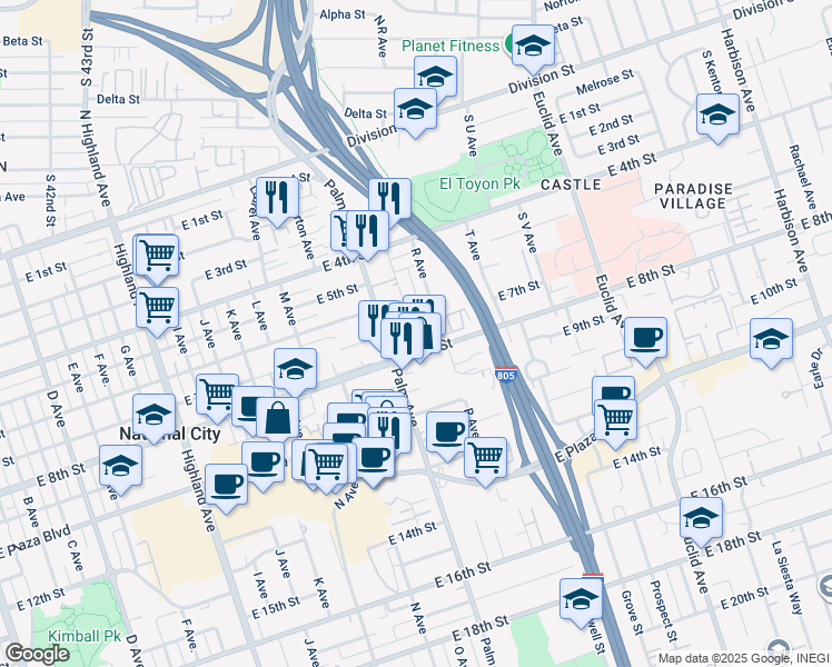 map of restaurants, bars, coffee shops, grocery stores, and more near 614 Q Avenue in National City