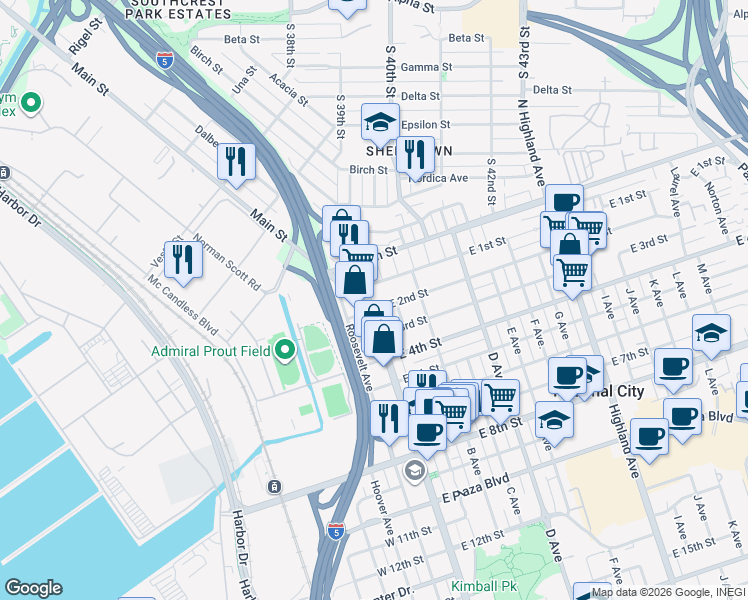 map of restaurants, bars, coffee shops, grocery stores, and more near 127 Main Street in National City