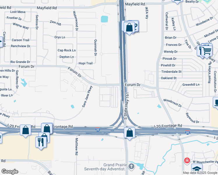 map of restaurants, bars, coffee shops, grocery stores, and more near Forum Drive in Grand Prairie