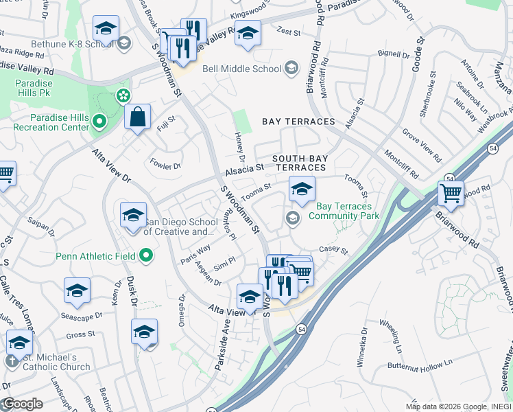 map of restaurants, bars, coffee shops, grocery stores, and more near 6986 Pembridge Lane in San Diego
