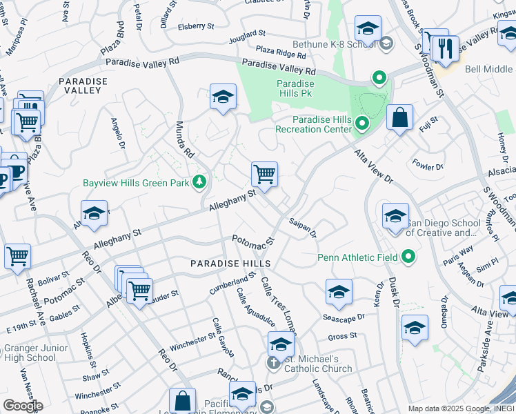 map of restaurants, bars, coffee shops, grocery stores, and more near 2135 Calle Tortuosa in San Diego