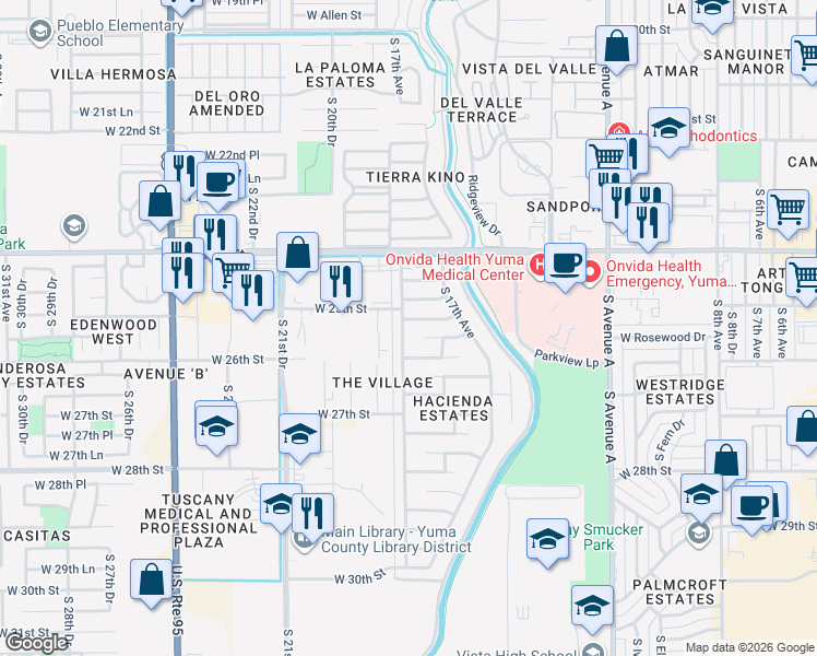 map of restaurants, bars, coffee shops, grocery stores, and more near 1760 West 25th Street in Yuma
