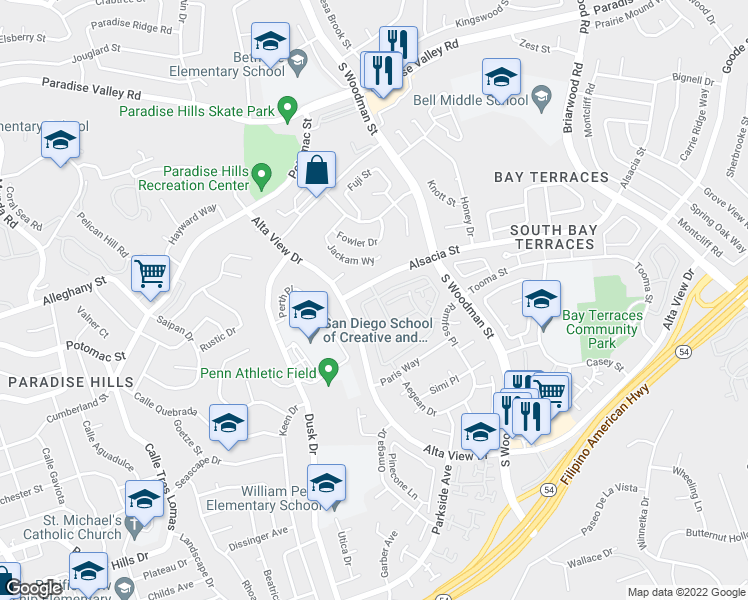map of restaurants, bars, coffee shops, grocery stores, and more near 6778 Alsacia Street in San Diego