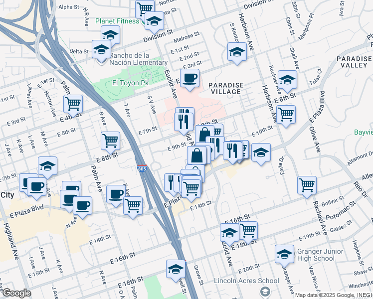 map of restaurants, bars, coffee shops, grocery stores, and more near 836 Euclid Avenue in National City