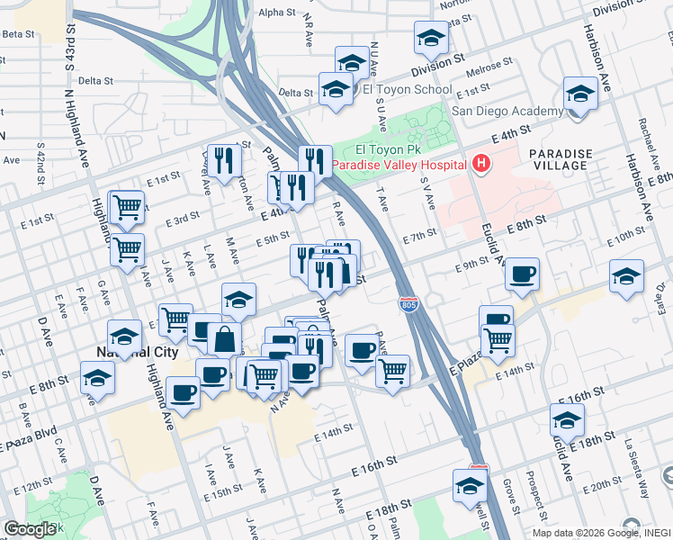 map of restaurants, bars, coffee shops, grocery stores, and more near 614 Q Avenue in National City