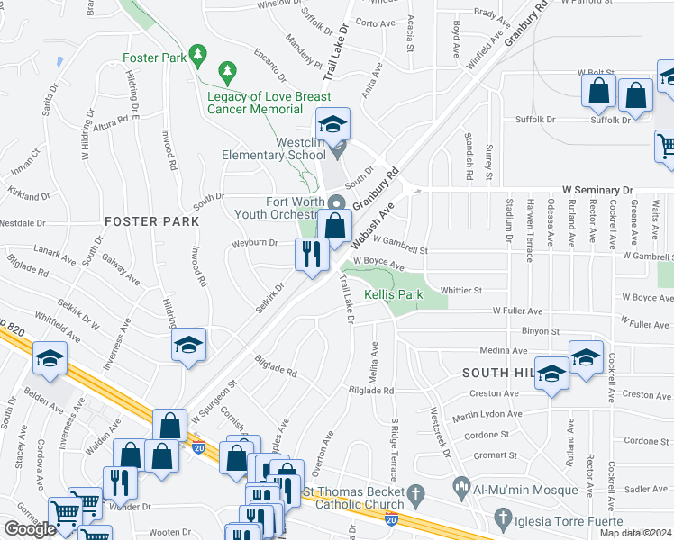 map of restaurants, bars, coffee shops, grocery stores, and more near 4532 Wabash Avenue in Fort Worth