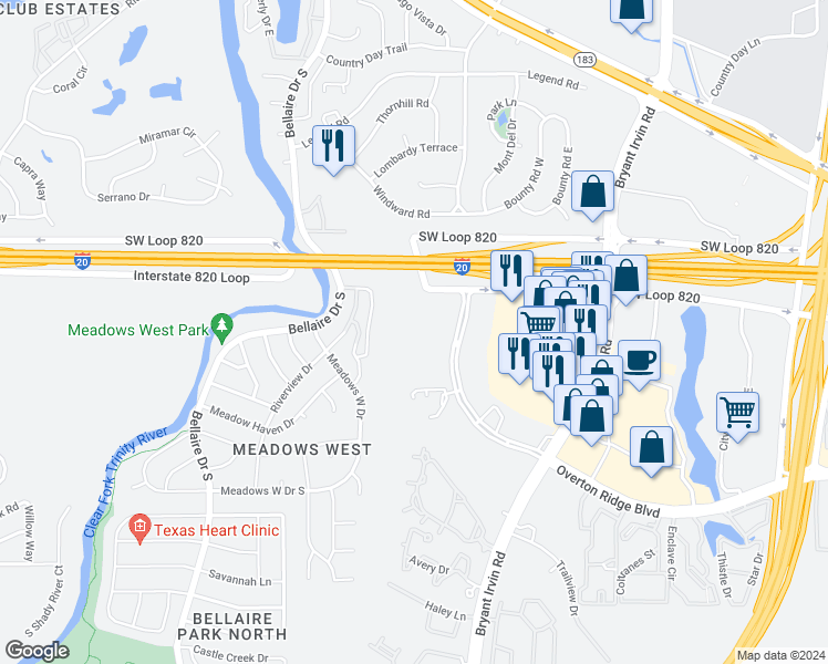 map of restaurants, bars, coffee shops, grocery stores, and more near 6301 Overton Ridge Boulevard in Fort Worth