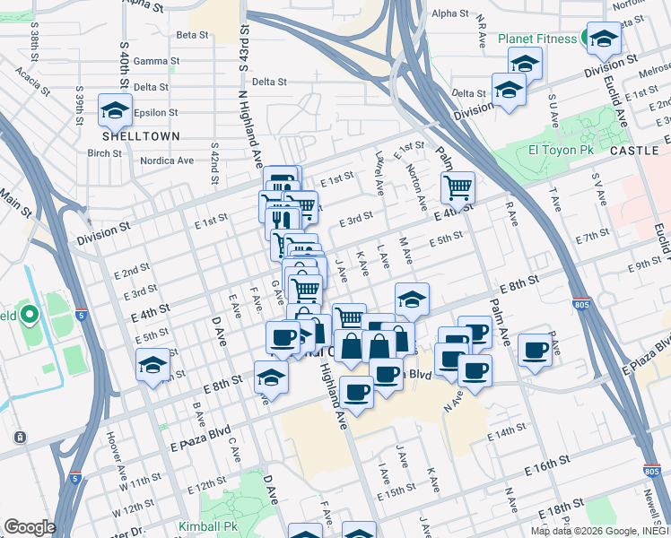 map of restaurants, bars, coffee shops, grocery stores, and more near 440 J Avenue in National City