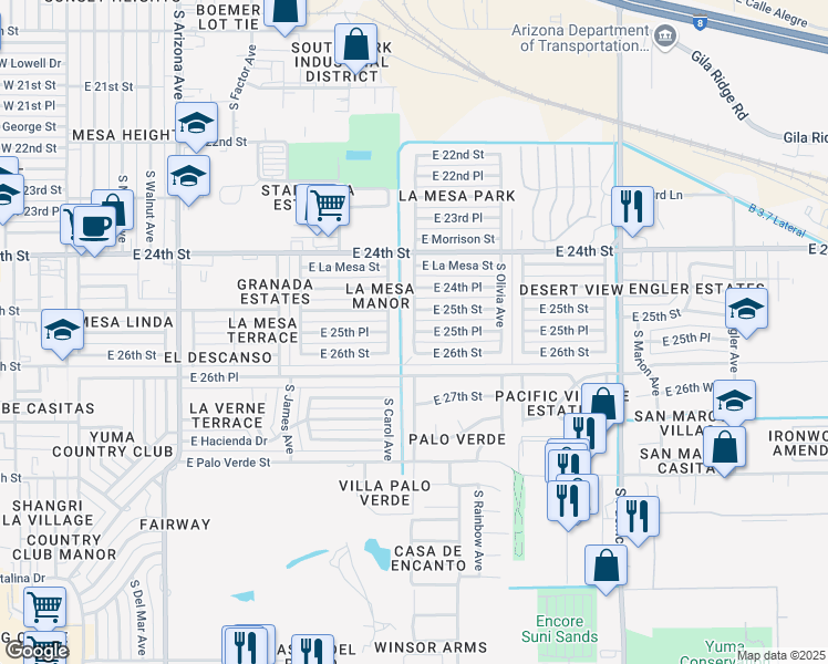 map of restaurants, bars, coffee shops, grocery stores, and more near 2532 South Mary Avenue in Yuma