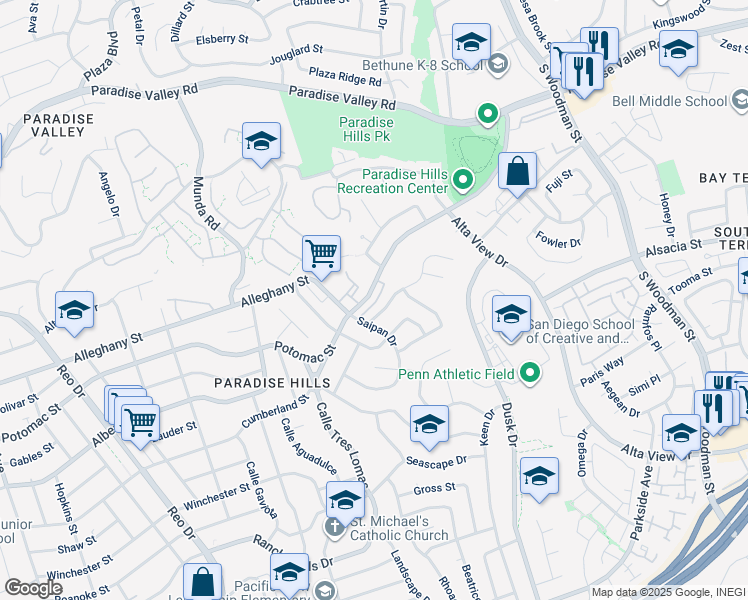 map of restaurants, bars, coffee shops, grocery stores, and more near 6345 Potomac Street in San Diego