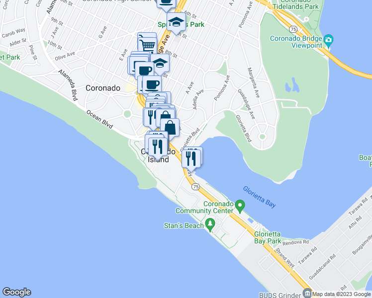 map of restaurants, bars, coffee shops, grocery stores, and more near 1638 Pomona Avenue in Coronado